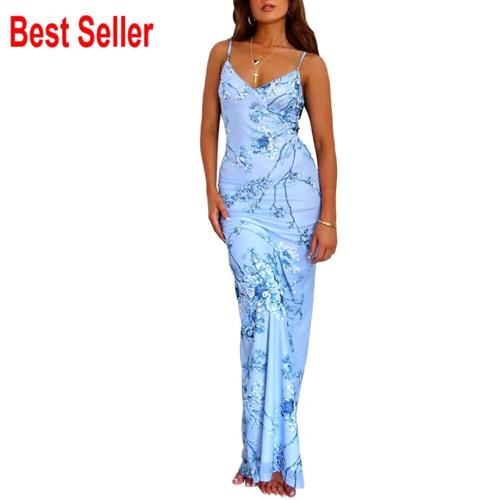 Vintage Spaghetti Strap Maxi Dress Backless Bodycon Satin Slip Long